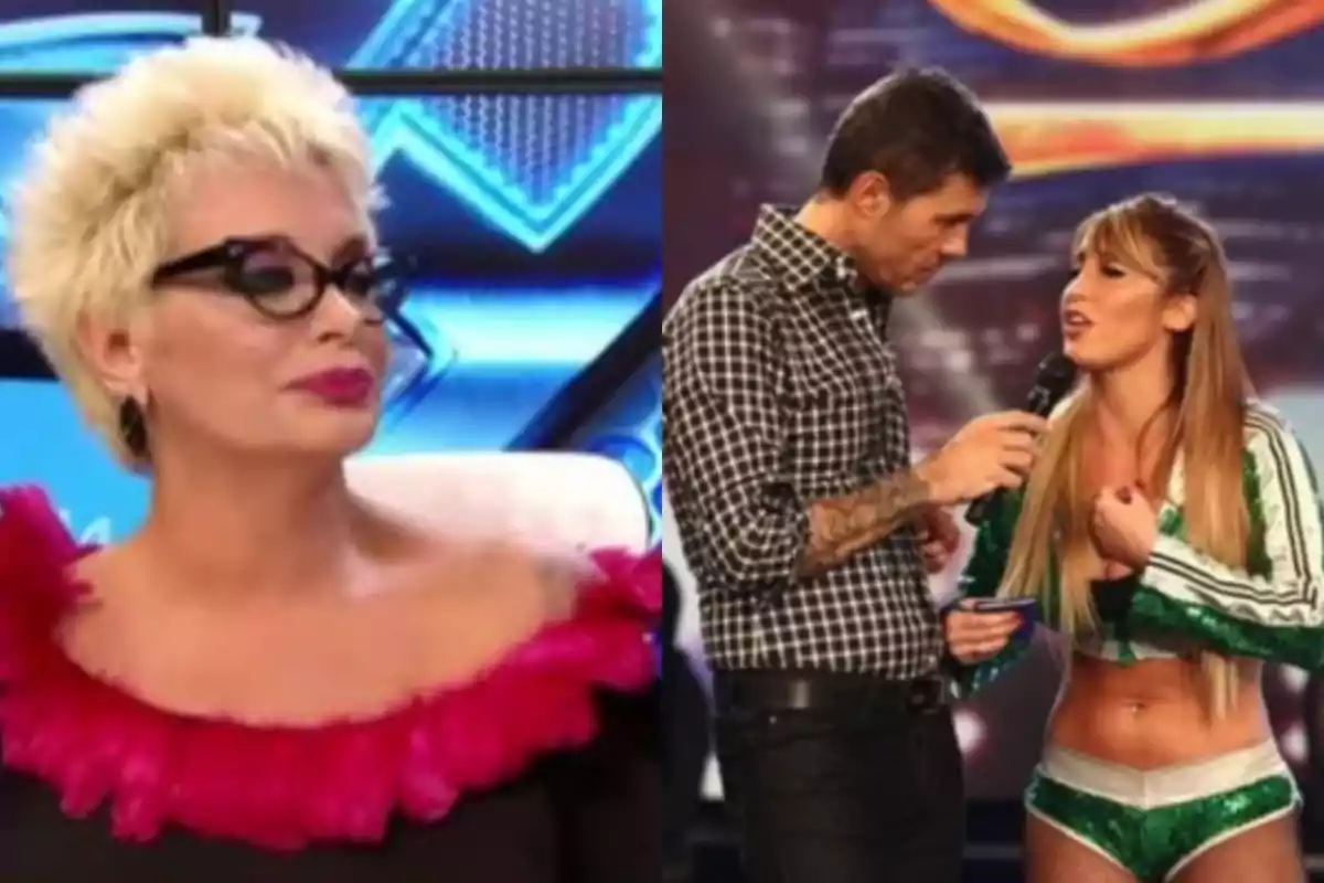A woman with short blonde hair, glasses, and a dress with pink details is sitting on a television set, while in the other part of the image a man is interviewing a woman dressed in a shiny green outfit on a stage. A woman with short blonde hair, glasses, and a dress with pink details is sitting on a television set, while in the other part of the image a man is interviewing a woman dressed in a shiny green outfit on a stage.