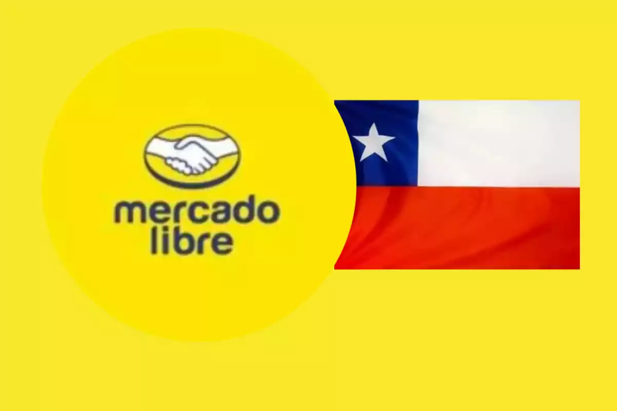 Logo de Mercado Libre junto a la bandera de Chile sobre un fondo amarillo