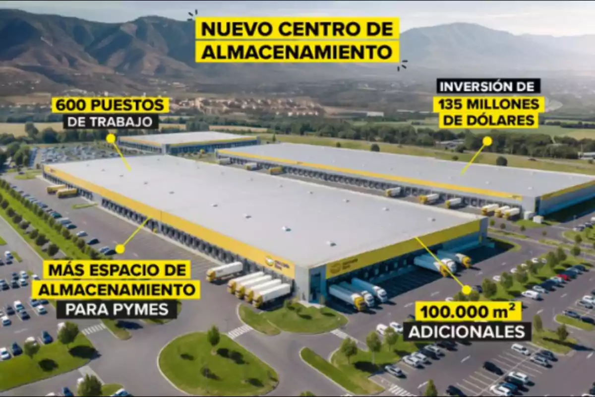 Vista aérea de un gran centro de almacenamiento moderno con camiones y autos estacionados, rodeado de áreas verdes y montañas al fondo, con textos resaltando la creación de 600 empleos, una inversión de 135 millones de dólares, más espacio para pymes y 100,000 metros cuadrados adicionales Vista aérea de un gran centro de almacenamiento moderno con camiones y autos estacionados, rodeado de áreas verdes y montañas al fondo, con textos resaltando la creación de 600 empleos, una inversión de 135 millones de dólares, más espacio para pymes y 100,000 metros cuadrados adicionales