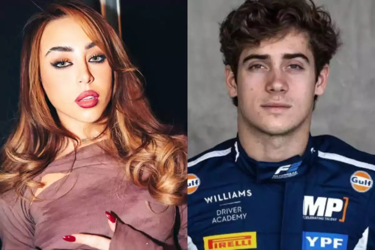 Una mujer con cabello largo y ondulado y un hombre con uniforme de piloto de carreras posan en un collage de dos fotos Una mujer con cabello largo y ondulado y un hombre con uniforme de piloto de carreras posan en un collage de dos fotos