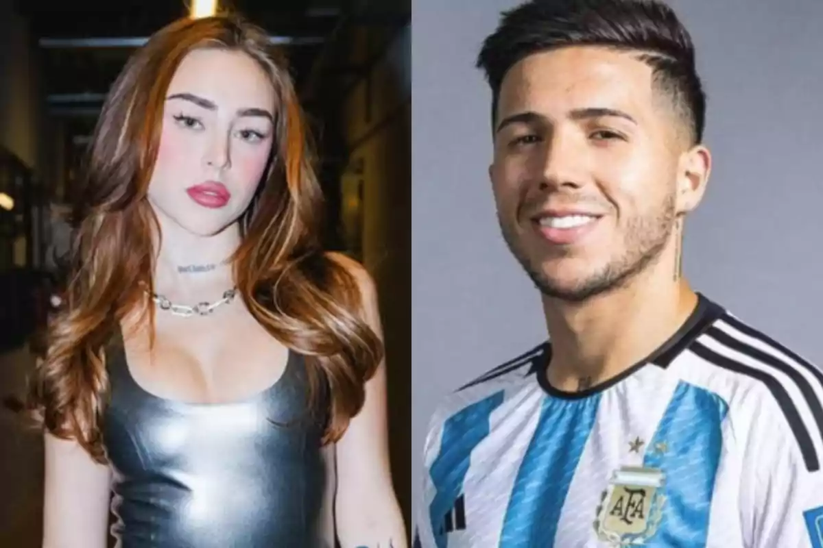 Una mujer con cabello largo y suelto lleva un vestido plateado y un collar, junto a un hombre con camiseta de la selección argentina de fútbol y un pendiente largo, ambos posando para la cámara. Una mujer con cabello largo y suelto lleva un vestido plateado y un collar, junto a un hombre con camiseta de la selección argentina de fútbol y un pendiente largo, ambos posando para la cámara.