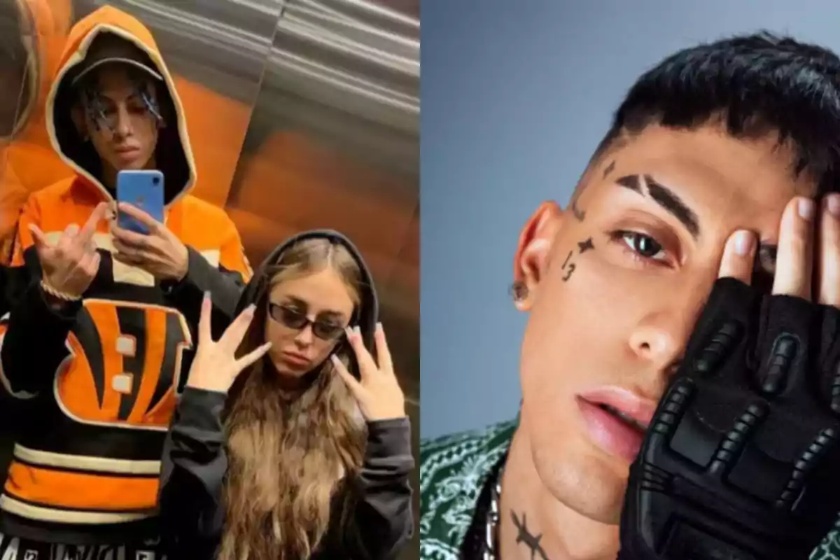 Dos jóvenes posan en un elevador usando ropa urbana y gafas oscuras mientras un hombre con tatuajes en el rostro y un guante negro cubre parte de su cara en un retrato Dos jóvenes posan en un elevador usando ropa urbana y gafas oscuras mientras un hombre con tatuajes en el rostro y un guante negro cubre parte de su cara en un retrato
