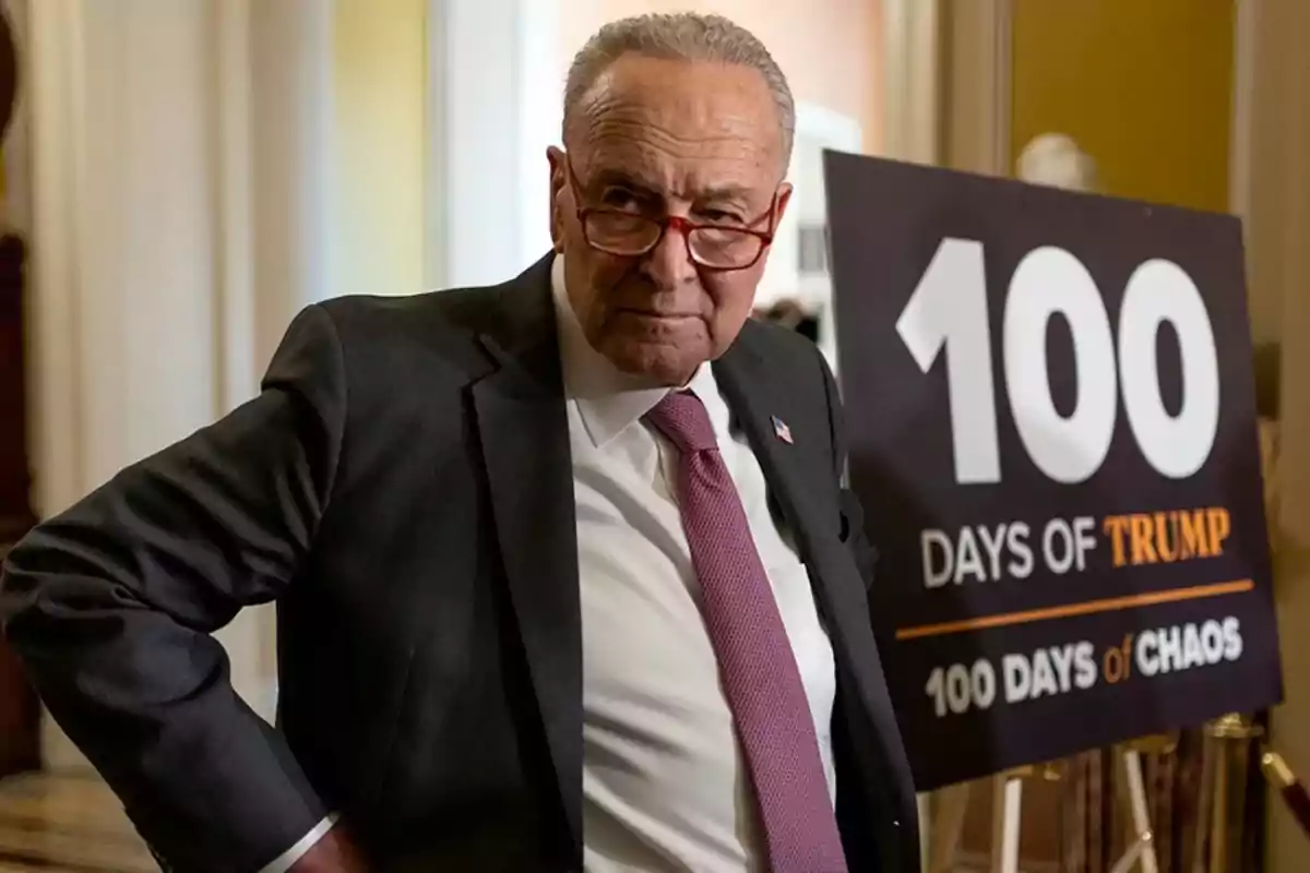 Man in a suit with red glasses standing next to a sign that says 100 days of Trump 100 days of chaos