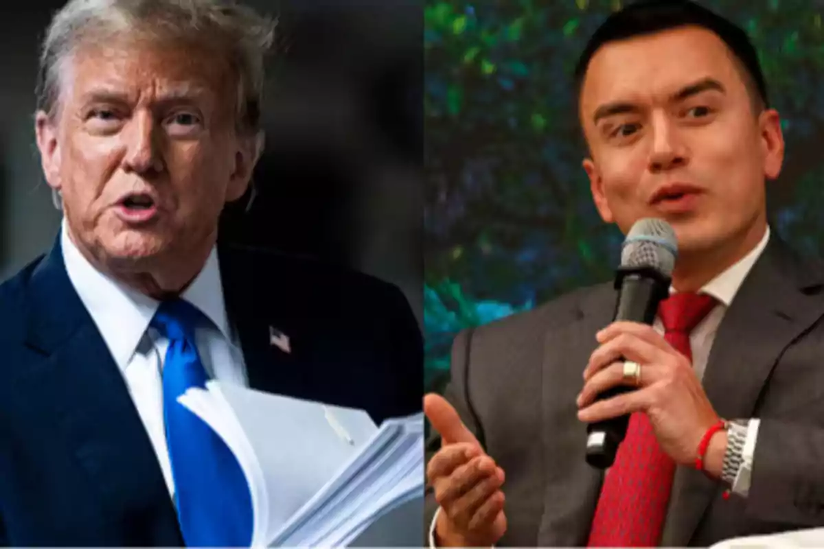 Two men in suits, one holding documents and the other speaking into a microphone