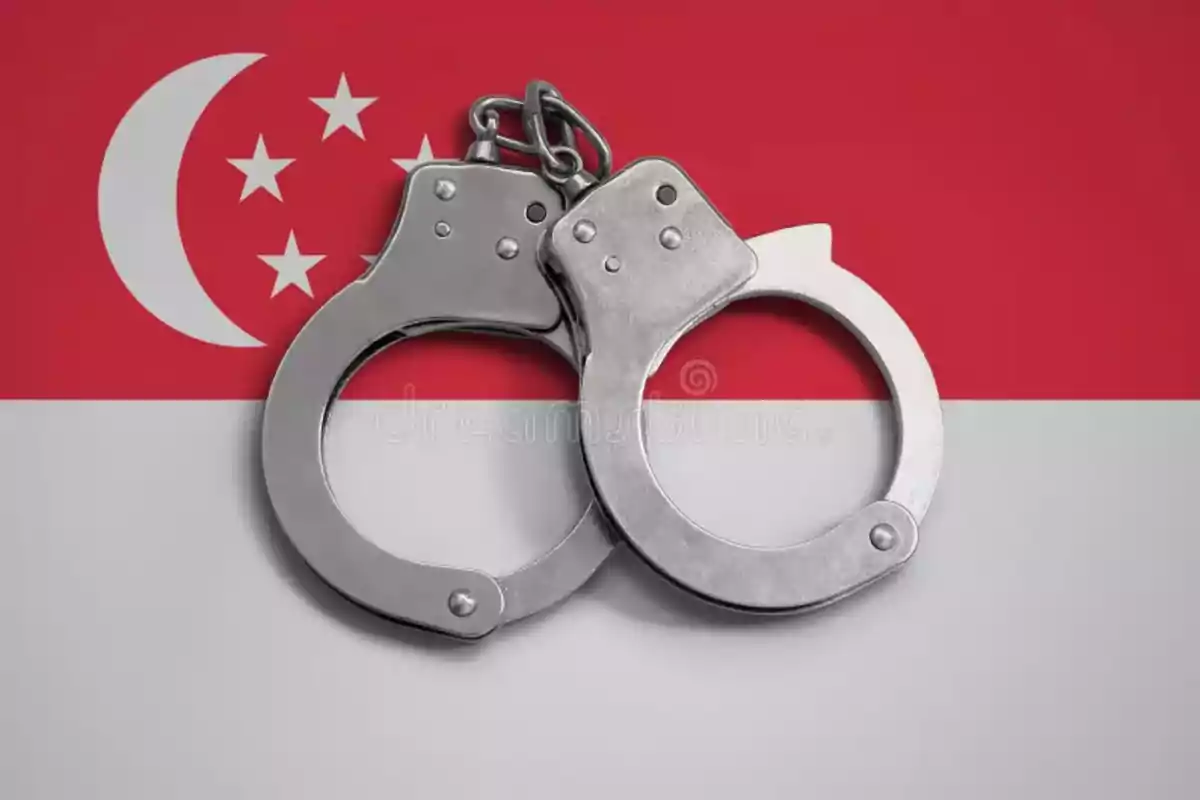 Un par de esposas metálicas sobre la bandera de Singapur