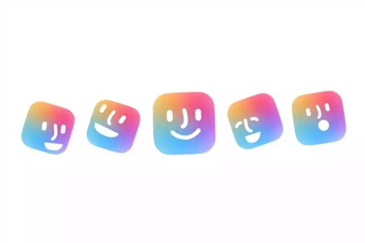 Five square icons with smiling, expressive faces in gradient colors on a white background Five square icons with smiling, expressive faces in gradient colors on a white background