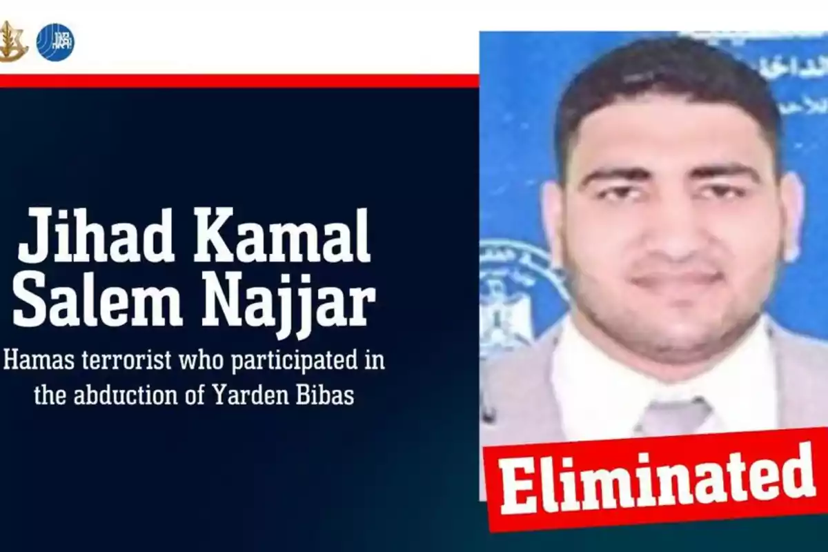 Imagen con fondo azul oscuro que muestra el nombre Jihad Kamal Salem Najjar junto a una fotografía de un hombre y la palabra Eliminated en letras rojas