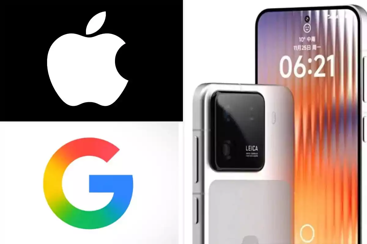 Logos de Apple y Google junto a un teléfono inteligente moderno con cámara Leica
