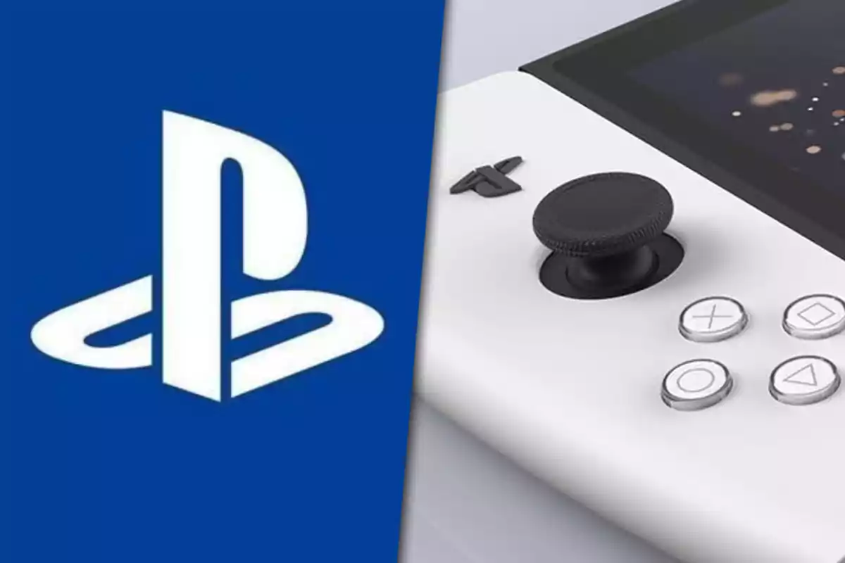 Logo de PlayStation junto a una consola portátil blanca con botones característicos de la marca