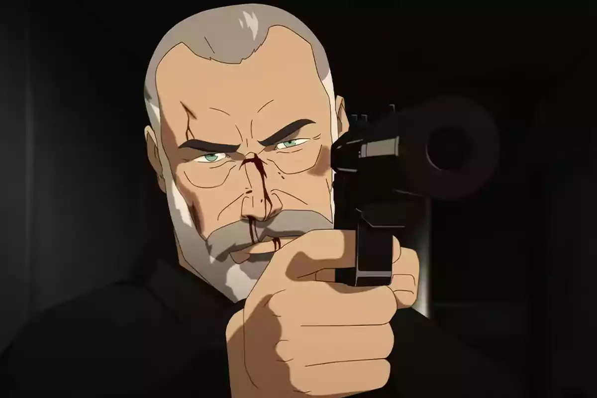 Gray-haired, bearded man with a serious expression holds a gun while bleeding from the nose in a dark-themed animated scene. Gray-haired, bearded man with a serious expression holds a gun while bleeding from the nose in a dark-themed animated scene.