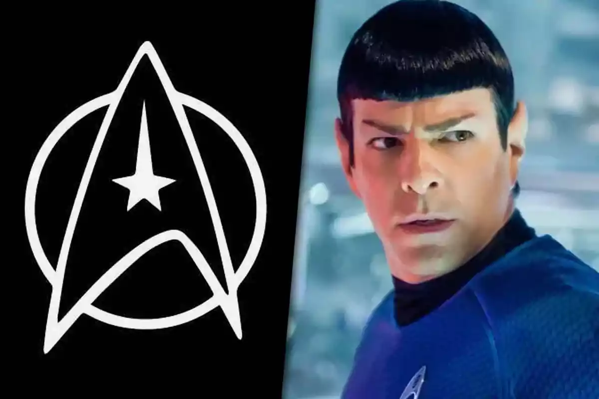 Star Trek logo next to a character with pointy ears and a blue uniform
