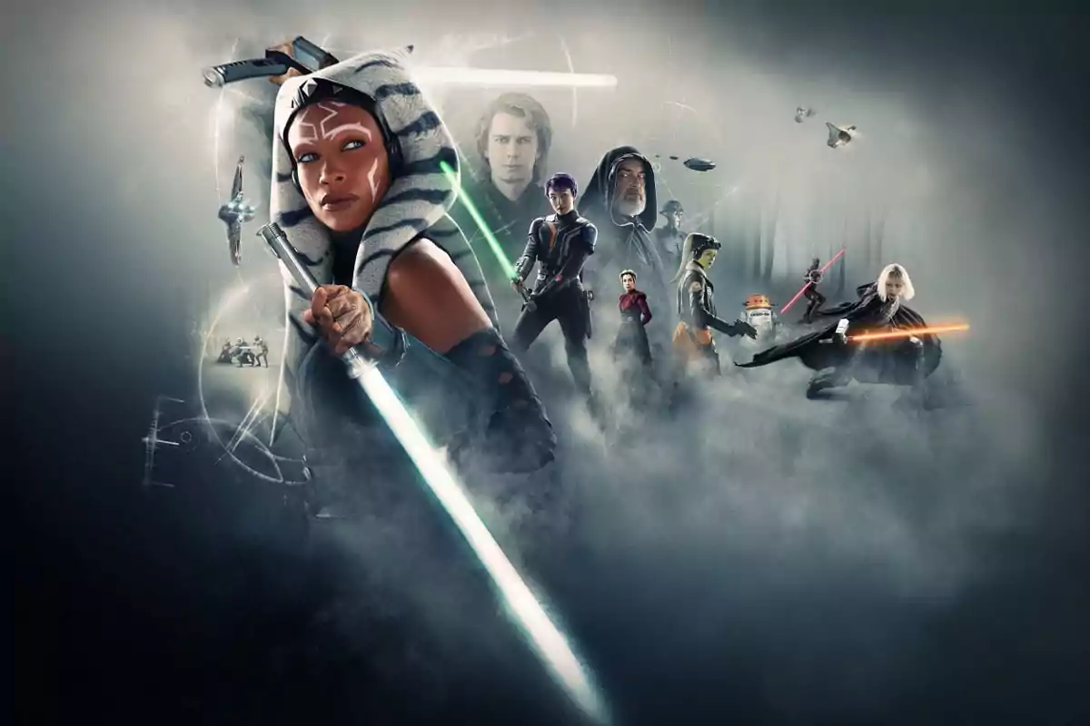Star Wars characters with lightsabers and ships in a foggy setting Star Wars characters with lightsabers and ships in a foggy setting