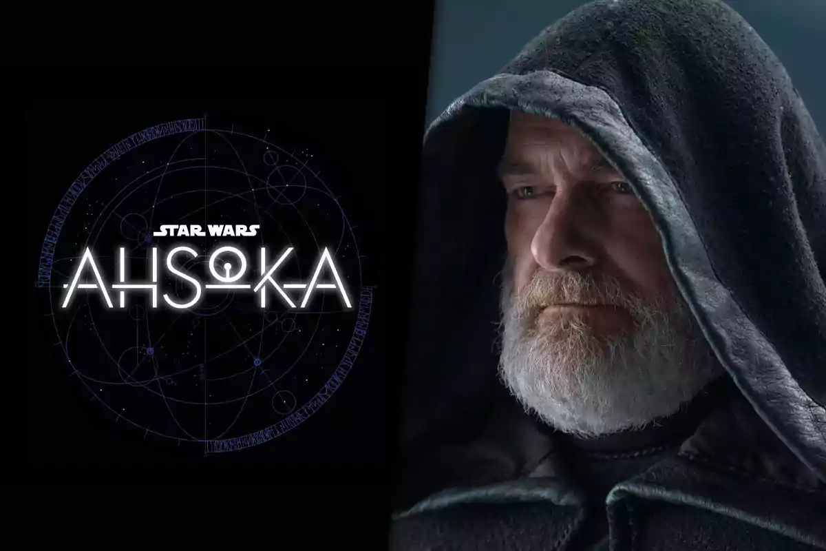 Star Wars Ahsoka series logo next to a white-bearded man in a dark hood looking to the right