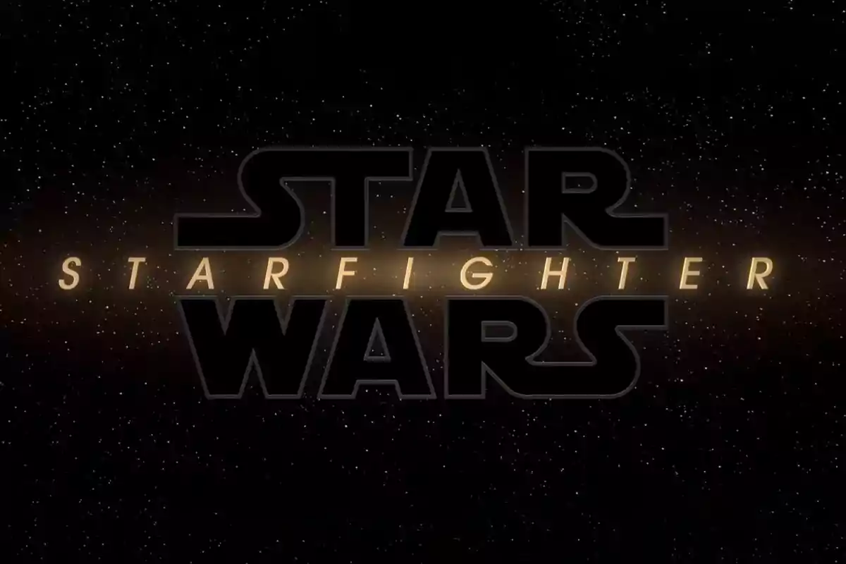 Logo de Star Wars con la palabra Starfighter en el centro sobre un fondo de estrellas en el espacio Logo de Star Wars con la palabra Starfighter en el centro sobre un fondo de estrellas en el espacio