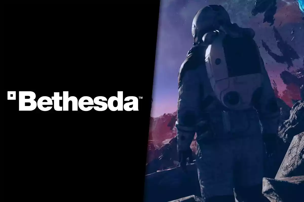 Logo de Bethesda a la izquierda y un astronauta explorando un paisaje espacial a la derecha