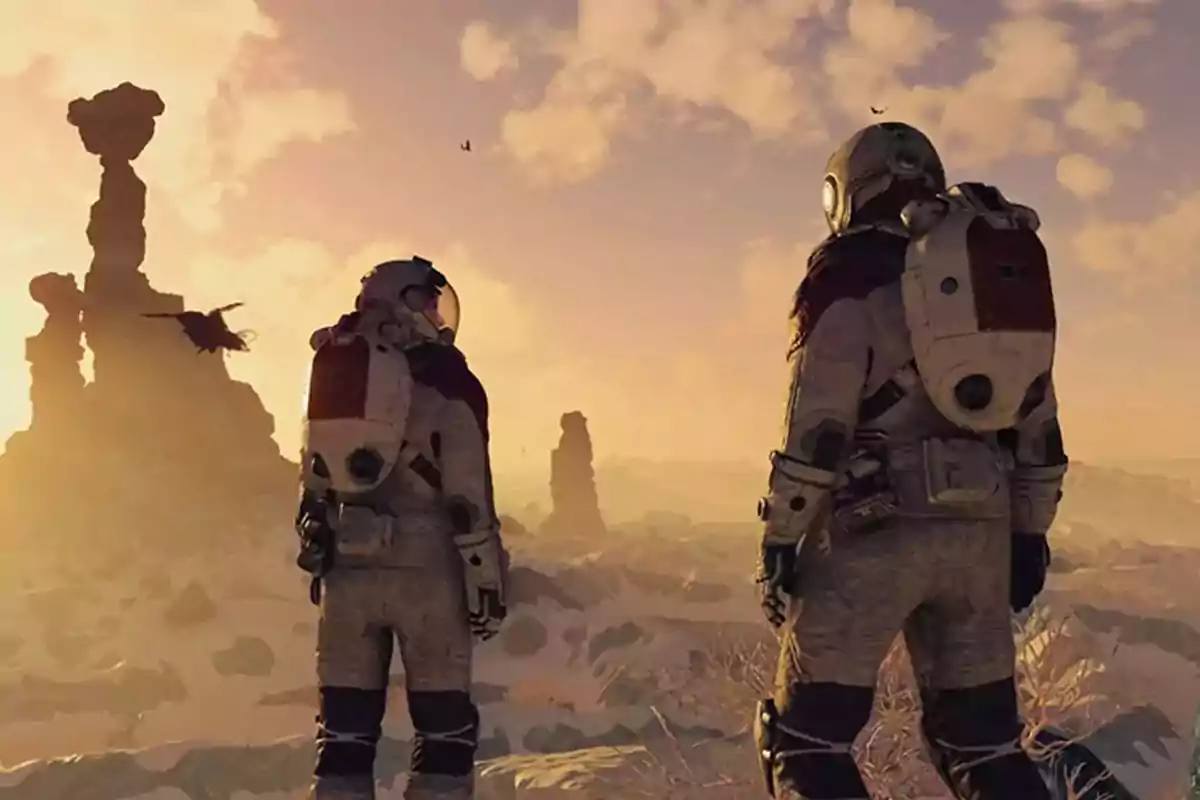 Dos astronautas observan un paisaje rocoso y desértico al atardecer con formaciones geológicas inusuales y aves volando en el cielo Dos astronautas observan un paisaje rocoso y desértico al atardecer con formaciones geológicas inusuales y aves volando en el cielo