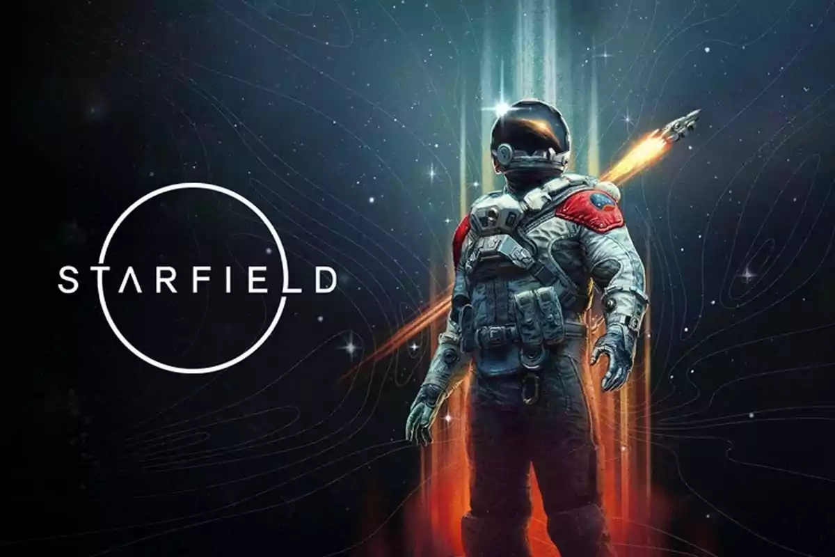 Portada del videojuego Starfield con un astronauta de pie en un entorno espacial y un cohete despegando al fondo Portada del videojuego Starfield con un astronauta de pie en un entorno espacial y un cohete despegando al fondo