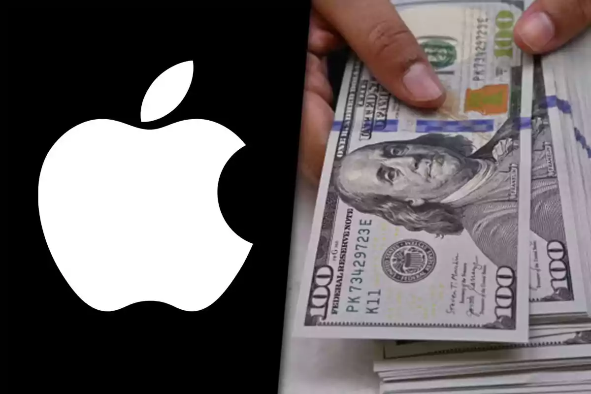 Apple logo next to a hand counting one hundred dollar bills