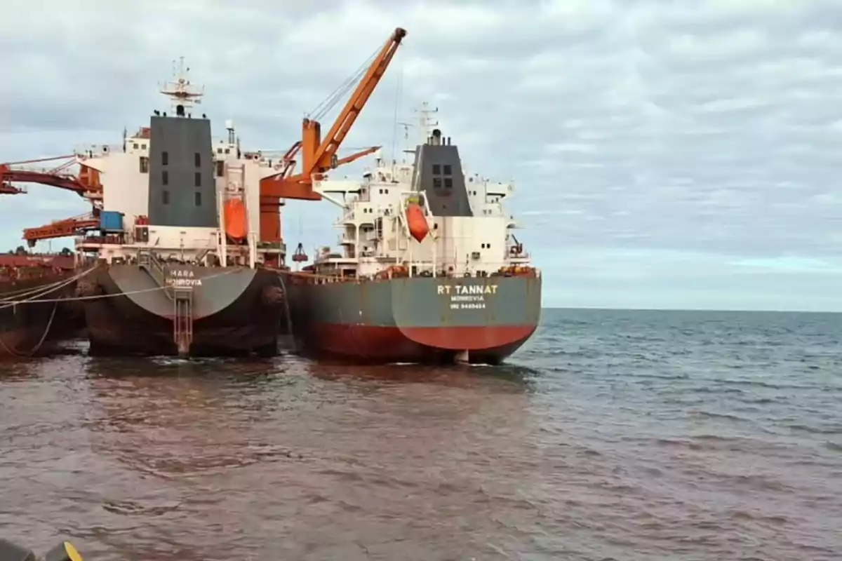 Dos barcos de carga están uno al lado del otro en el mar bajo un cielo nublado Dos barcos de carga están uno al lado del otro en el mar bajo un cielo nublado