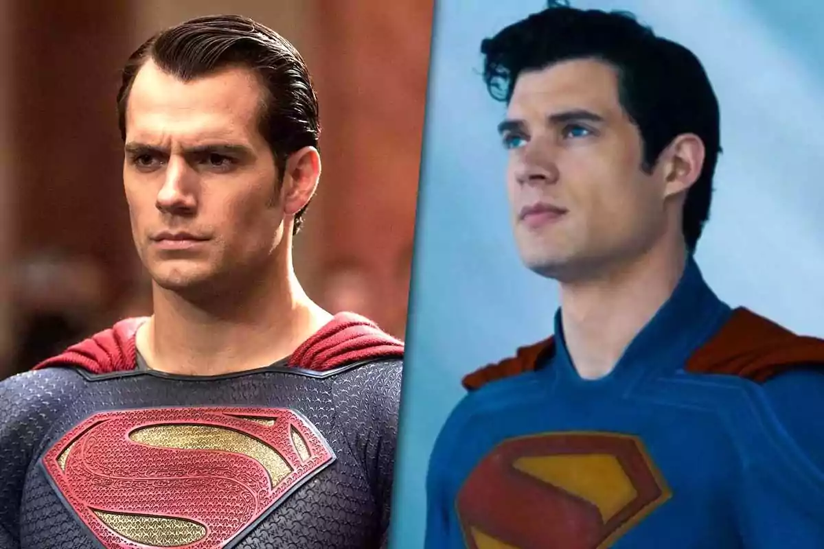 Two versions of Superman with different suits and hairstyles, both looking forward with a serious expression.