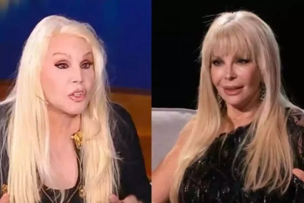 Two blonde women with long, straight hair, both wearing dark clothing, appear in a montage of two different images, one with a blue background and the other with a black background. Two blonde women with long, straight hair, both wearing dark clothing, appear in a montage of two different images, one with a blue background and the other with a black background.
