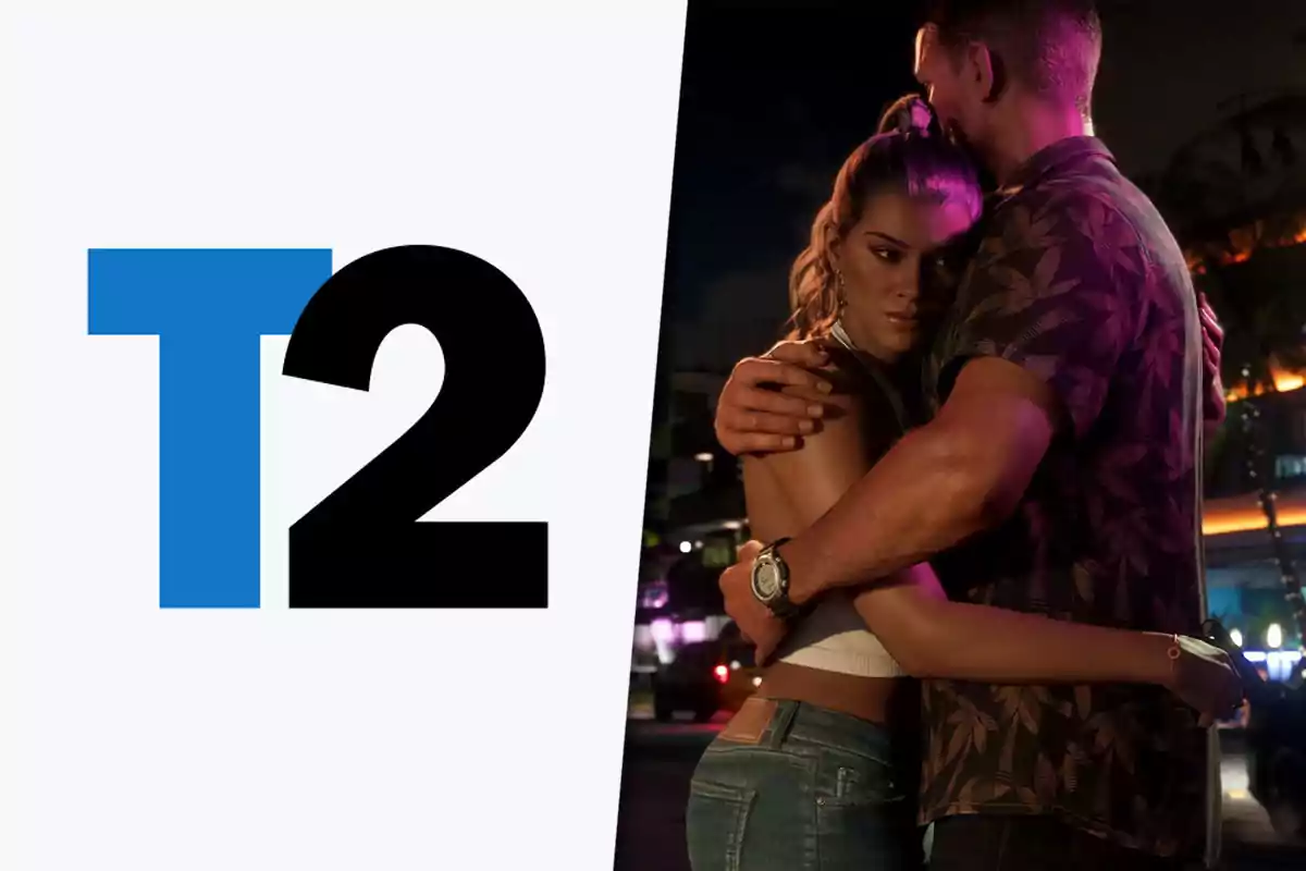T2 logo in blue and black next to an image of two characters hugging in a nighttime city lights setting