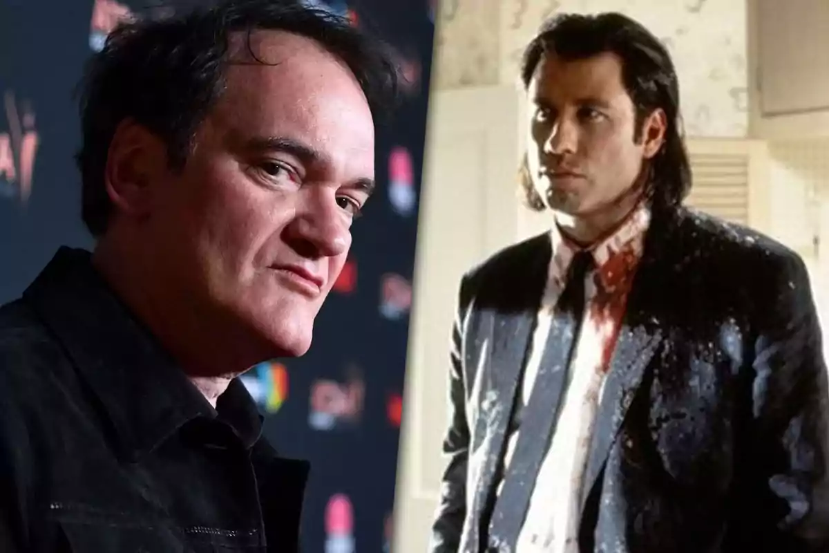 Un hombre de cabello oscuro con expresión seria en un evento y al lado un hombre con traje manchado de sangre en una escena de película