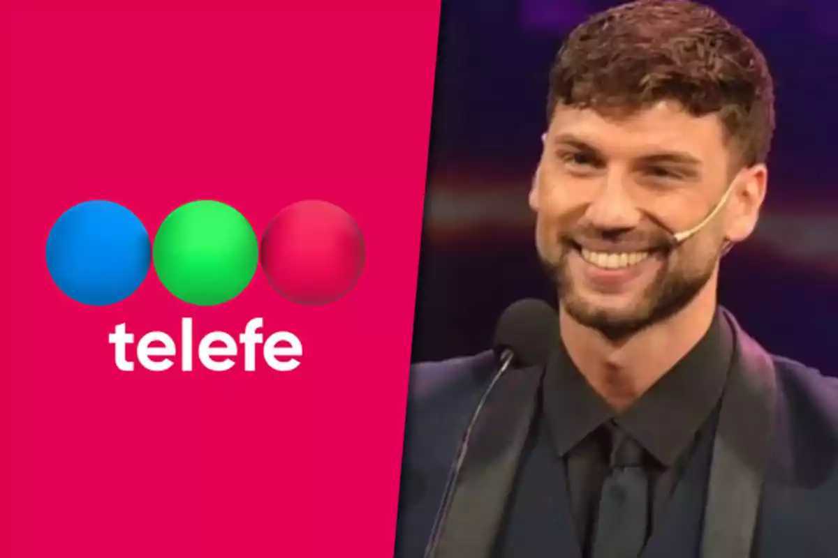 Hombre sonriente con micrófono de diadema junto al logo de Telefe sobre fondo rosa