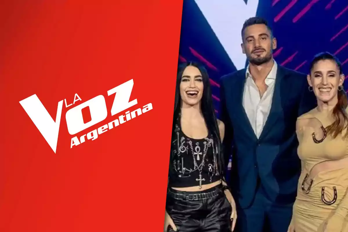 Logo of La Voz Argentina on a red background next to three smiling people on a television set