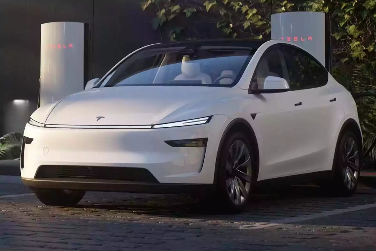 White Tesla electric car parked in front of a charging station surrounded by greenery White Tesla electric car parked in front of a charging station surrounded by greenery