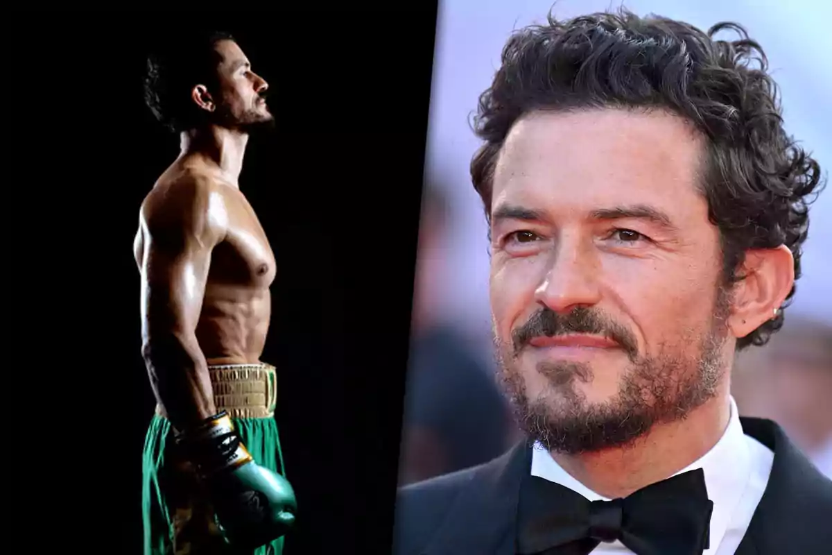 Un hombre con guantes de boxeo y pantalones verdes aparece de perfil en un fondo oscuro mientras en la otra mitad de la imagen se muestra un hombre con barba y esmoquin sonriendo en un evento formal.