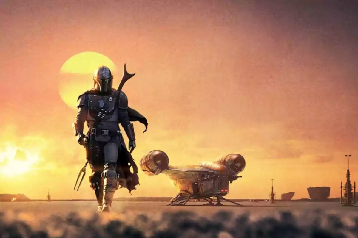 A man in armor walks through a desert at sunset with a spaceship and the sun in the background. A man in armor walks through a desert at sunset with a spaceship and the sun in the background.