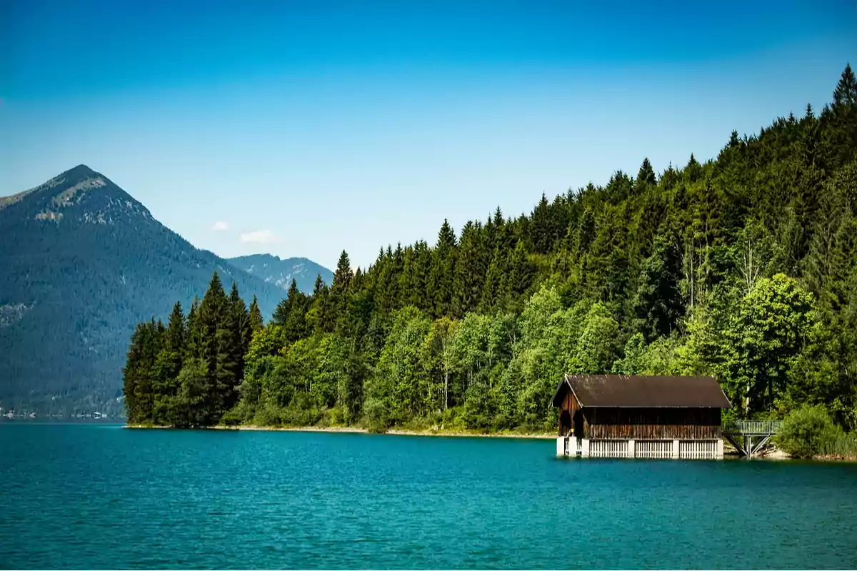 Wooden cabin by a lake surrounded by trees and mountains under a clear sky Wooden cabin by a lake surrounded by trees and mountains under a clear sky