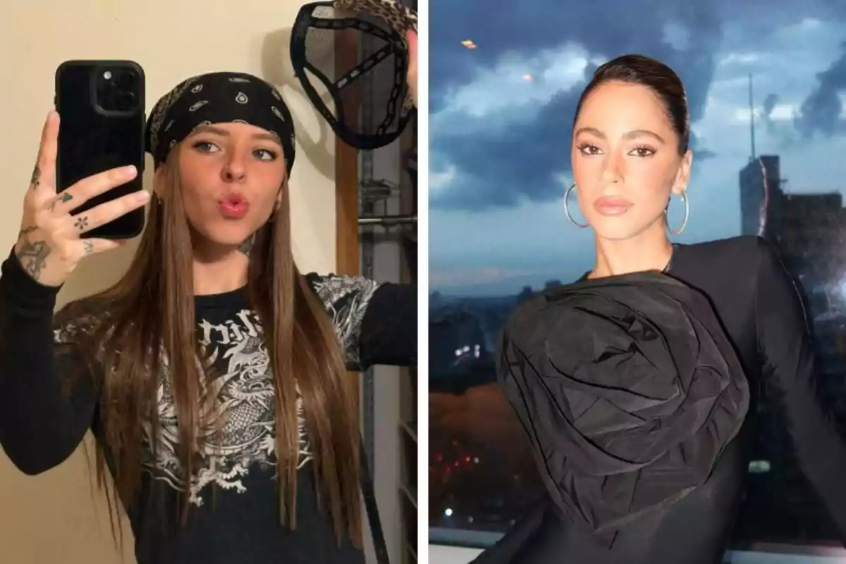 Dos mujeres posan en diferentes estilos, una con bandana y camiseta negra tomándose una selfie, la otra con vestido elegante negro y fondo de ciudad al atardecer.