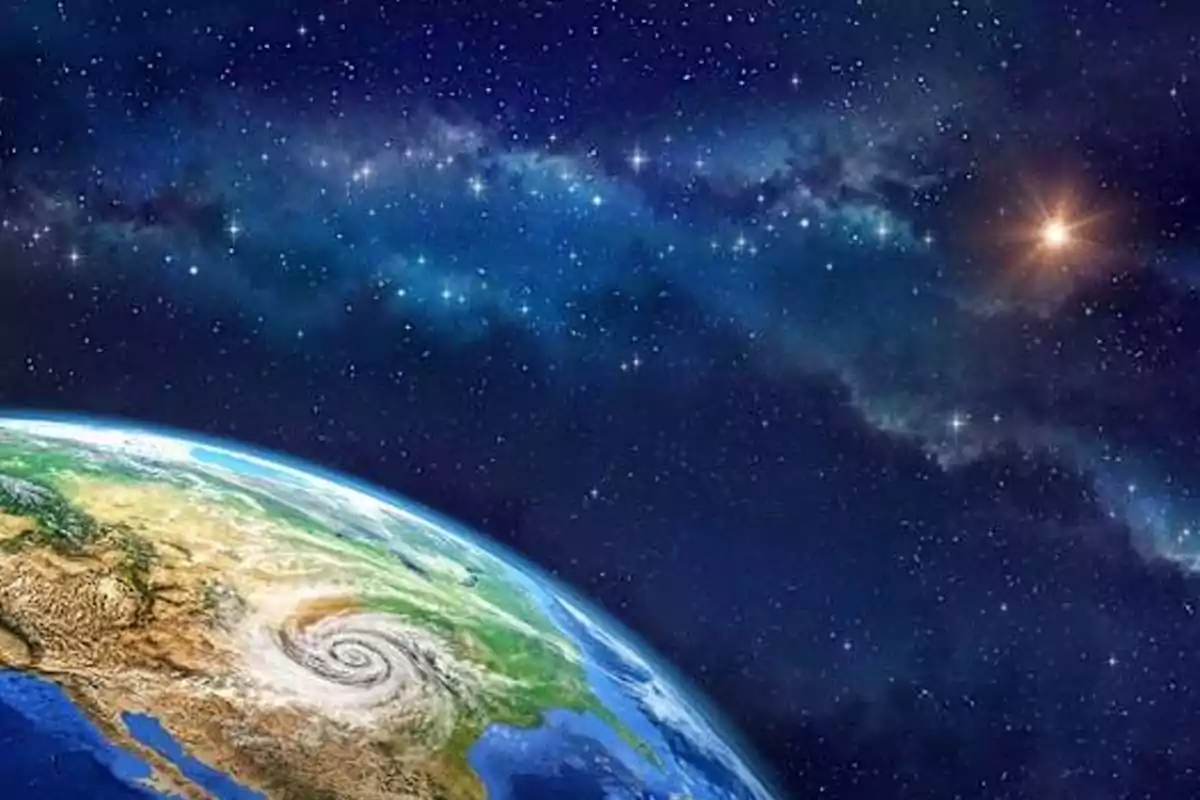 Vista del planeta Tierra desde el espacio con un huracán visible sobre América del Norte y un cielo estrellado de fondo Vista del planeta Tierra desde el espacio con un huracán visible sobre América del Norte y un cielo estrellado de fondo