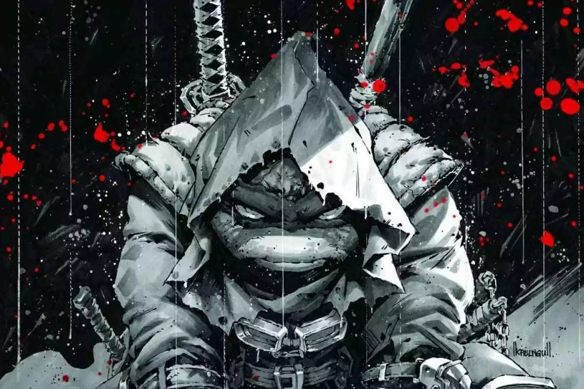 Hooded ninja turtle with a serious expression in the rain, surrounded by red stains and armed with katanas on its back Hooded ninja turtle with a serious expression in the rain, surrounded by red stains and armed with katanas on its back