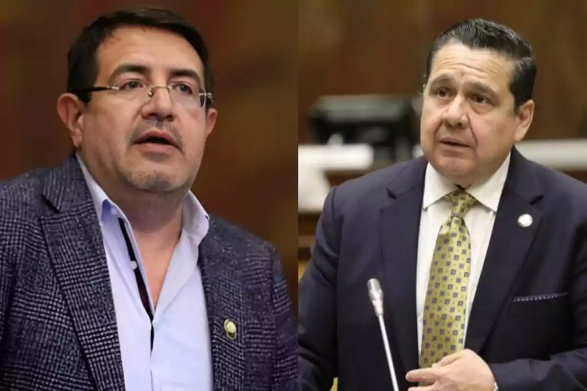 Dos hombres de mediana edad con expresión seria, ambos vestidos con saco y en un entorno formal