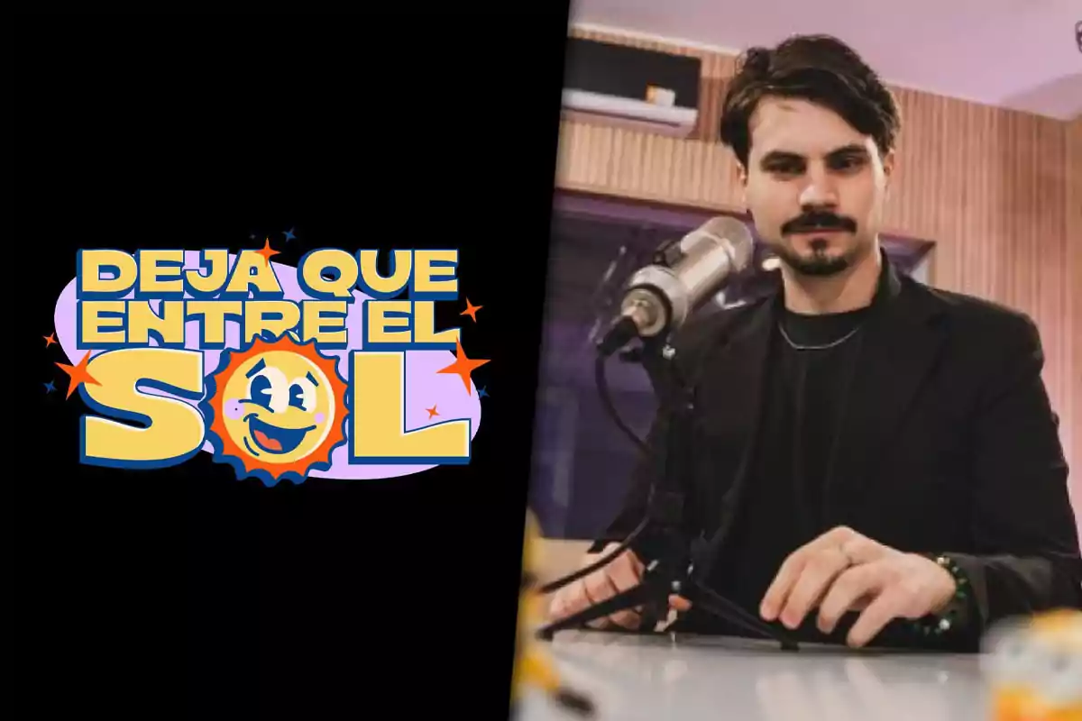 Imagen dividida en dos partes, a la izquierda un colorido logo que dice Deja que entre el sol con un sol sonriente y a la derecha un hombre de cabello oscuro y barba sentado frente a un micrófono en un estudio de grabación