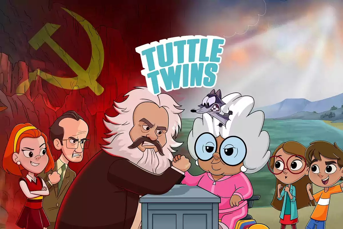 Illustration of animated Tuttle Twins characters in an arm wrestling competition, with a background divided between a dark landscape featuring the sickle and hammer and a sunny field, while two children cheer for the elderly lady and a wolf is above her head. Illustration of animated Tuttle Twins characters in an arm wrestling competition, with a background divided between a dark landscape featuring the sickle and hammer and a sunny field, while two children cheer for the elderly lady and a wolf is above her head.