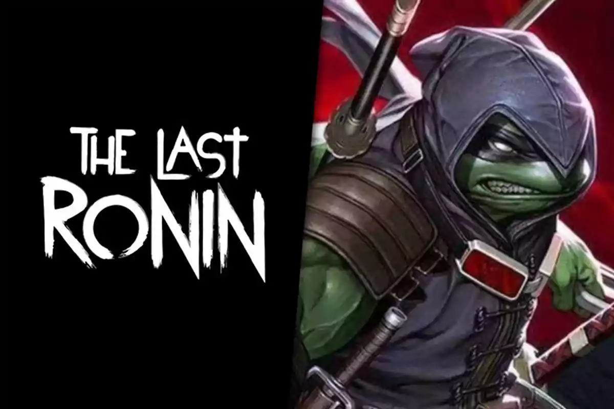 Cover of The Last Ronin featuring a Ninja Turtle dressed in a hood and armor, showing a serious expression and weapons on his back.