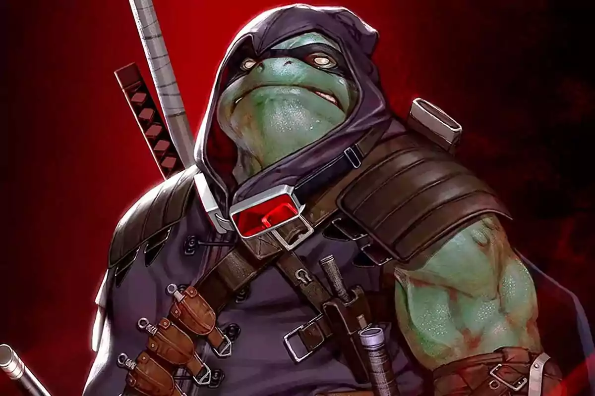 Ninja turtle with a black hood and armor, holding several weapons against a red background Ninja turtle with a black hood and armor, holding several weapons against a red background