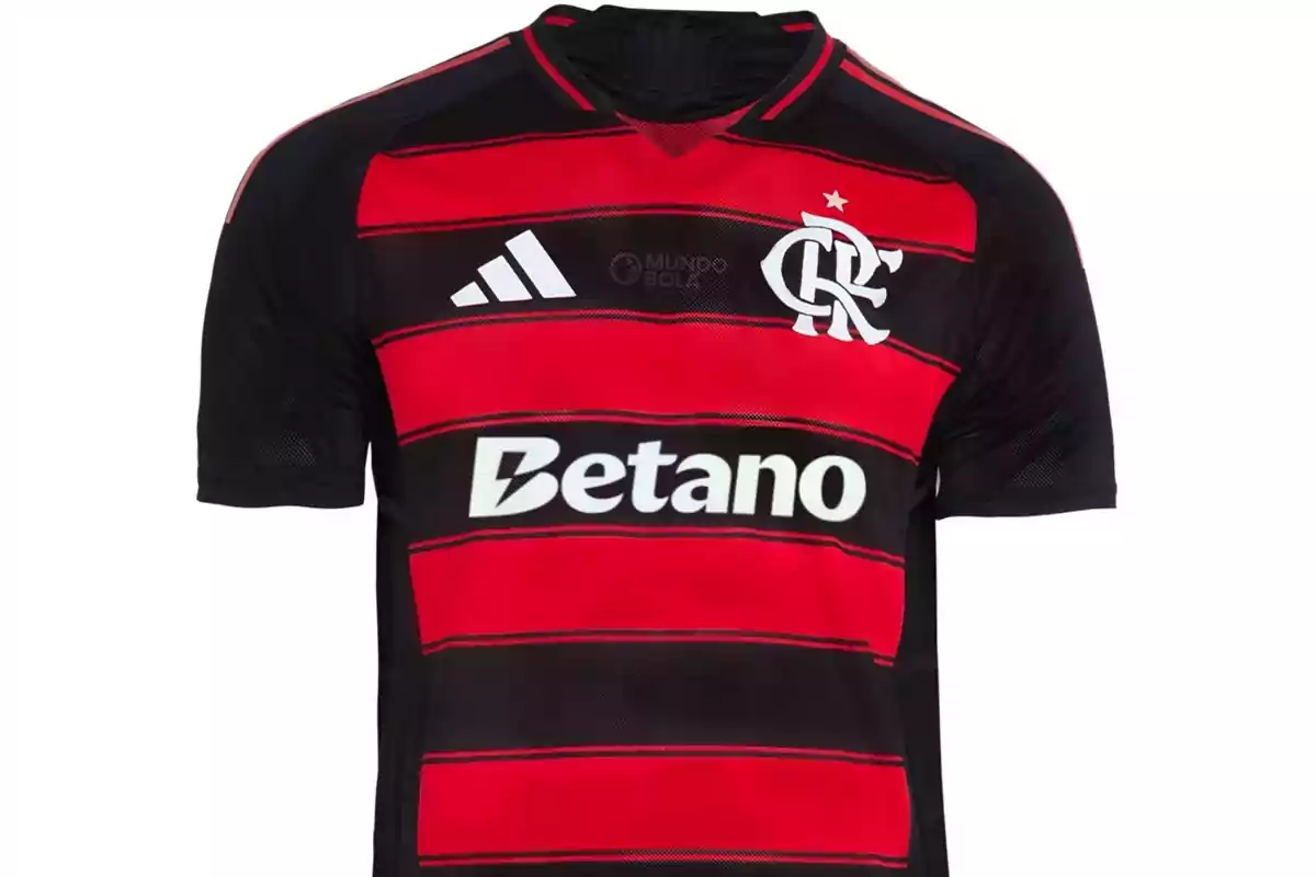 Soccer jersey with red and black horizontal stripes and white logos Soccer jersey with red and black horizontal stripes and white logos
