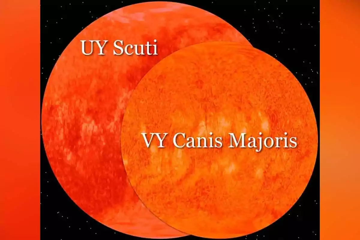 Comparison of the size of the stars UY Scuti and VY Canis Majoris against a black space background with small stars. Comparison of the size of the stars UY Scuti and VY Canis Majoris against a black space background with small stars.