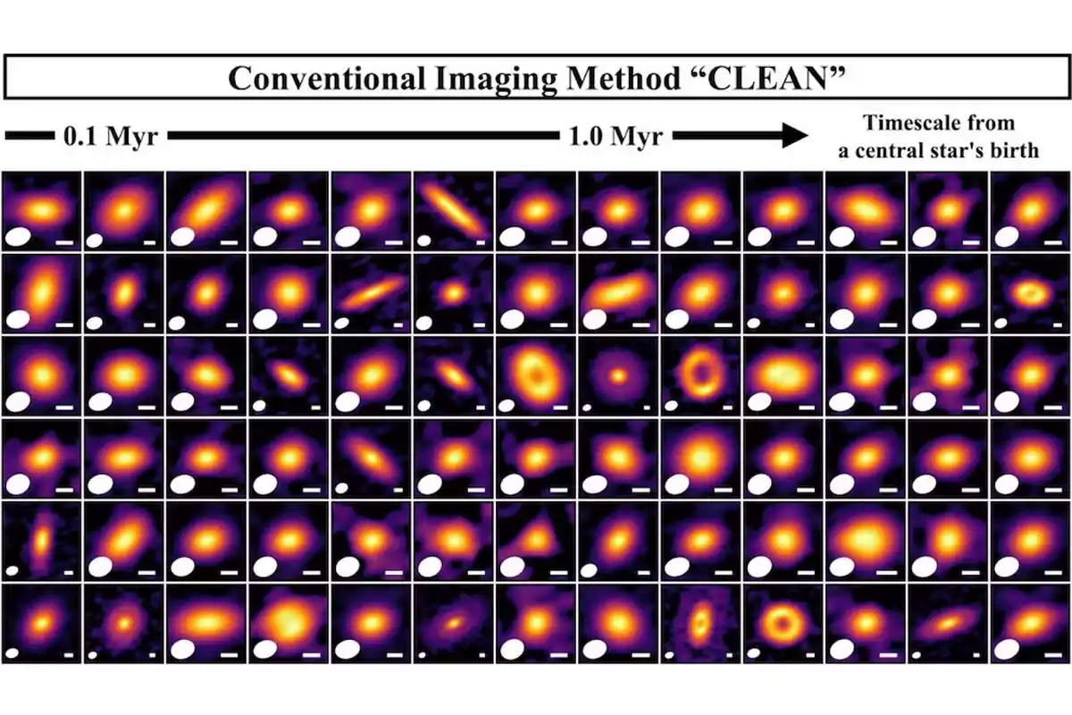 Matriz de imágenes de discos protoplanetarios en diferentes etapas de evolución observados con el método de imagen convencional CLEAN, mostrando variaciones en la forma y brillo a lo largo del tiempo desde el nacimiento de una estrella central Matriz de imágenes de discos protoplanetarios en diferentes etapas de evolución observados con el método de imagen convencional CLEAN, mostrando variaciones en la forma y brillo a lo largo del tiempo desde el nacimiento de una estrella central
