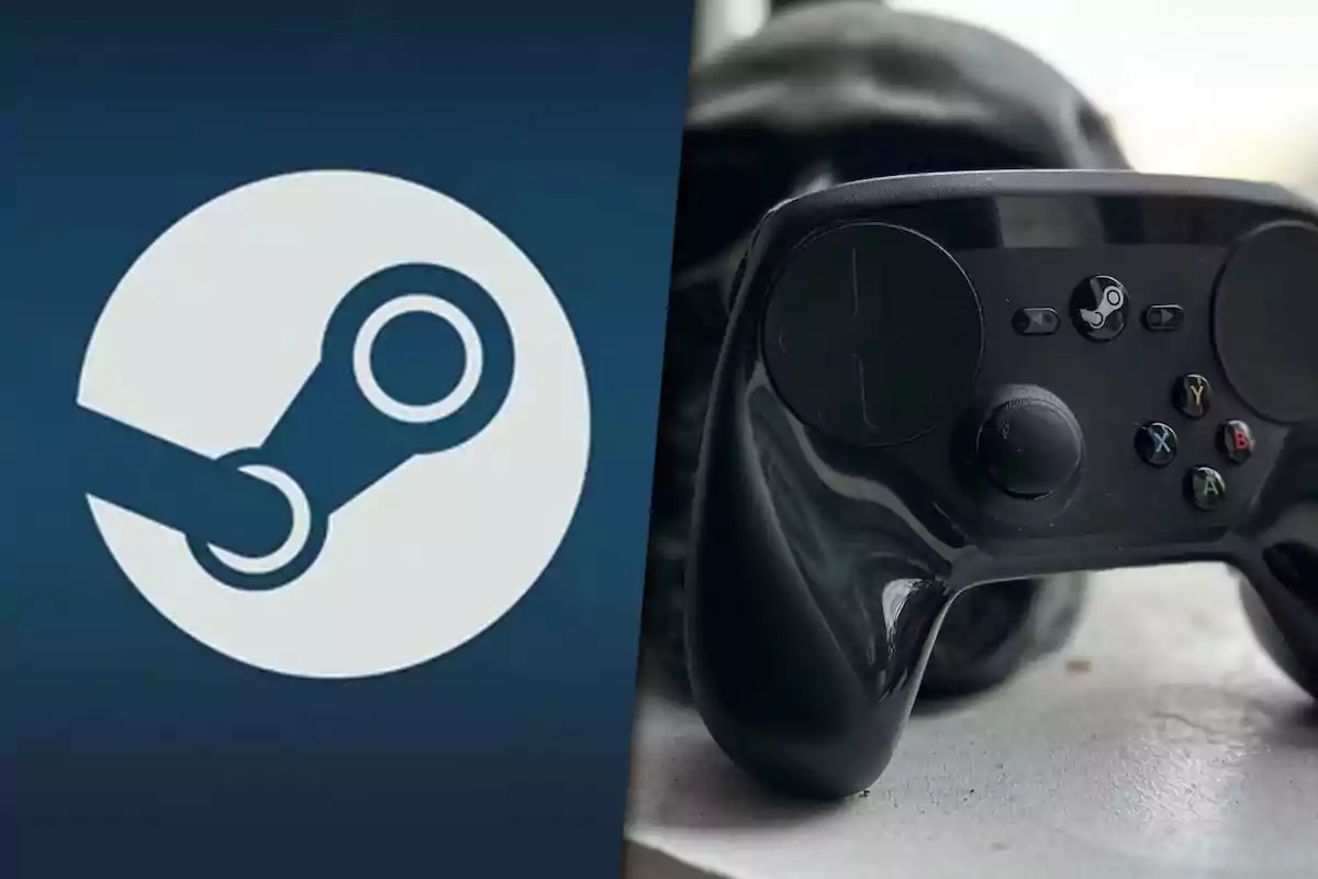 Steam logo next to a black Steam Controller