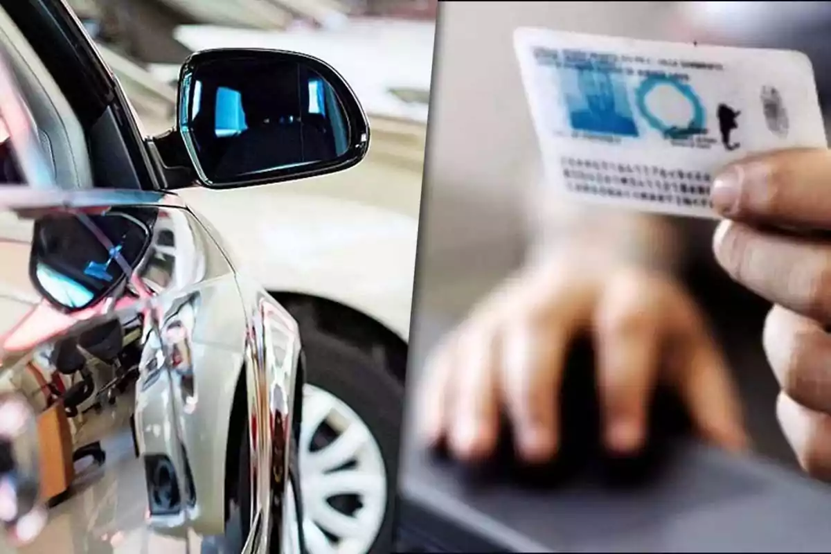 A car parked next to a person holding a driver's license