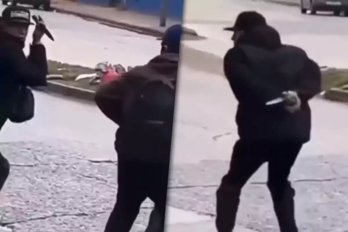 Two people on the street, one of them holding a knife in a threatening manner while the other appears to be defending themselves or running away.