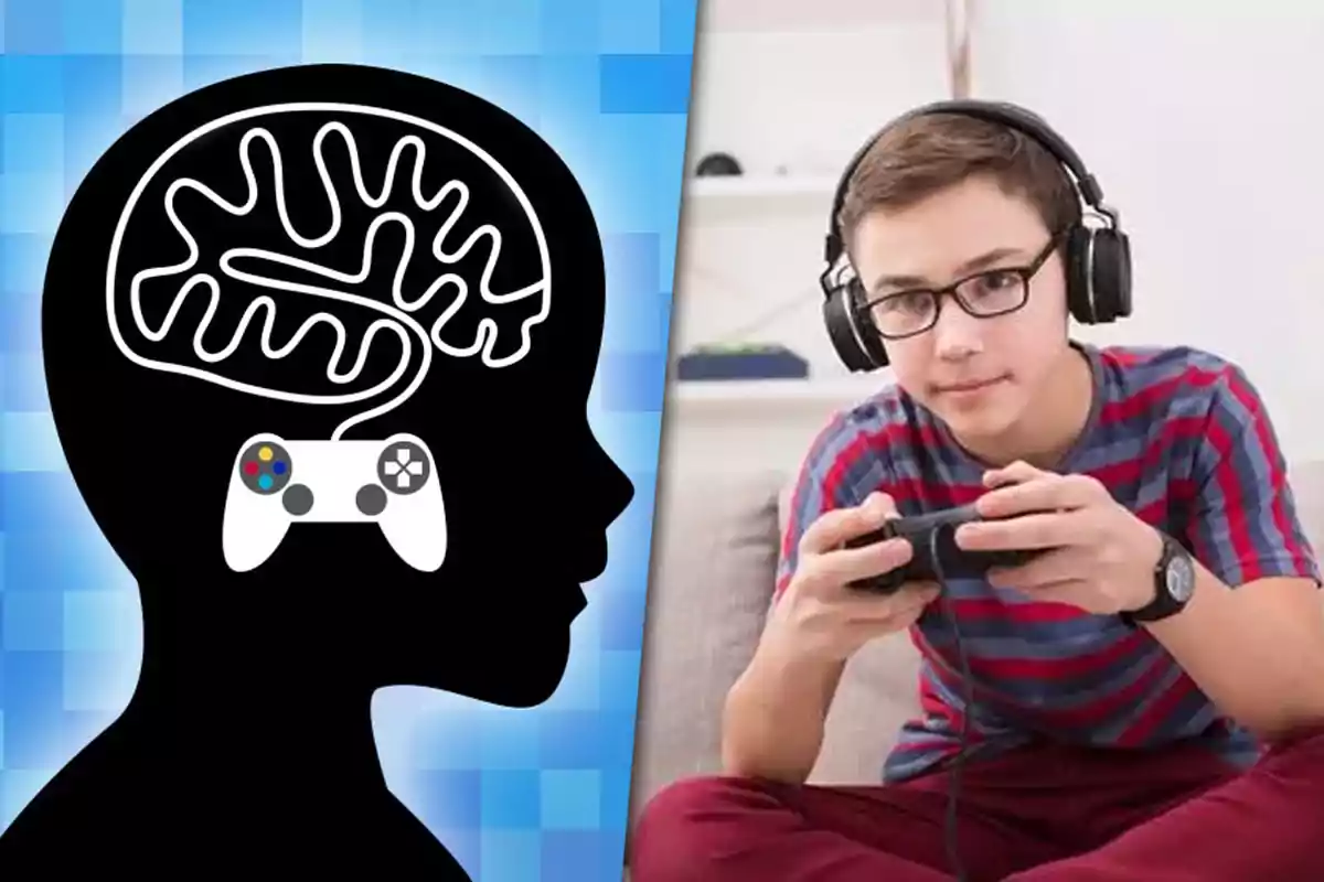 Illustration of a brain connected to a video game controller next to a teenager with headphones and glasses playing with a controller in their hands
