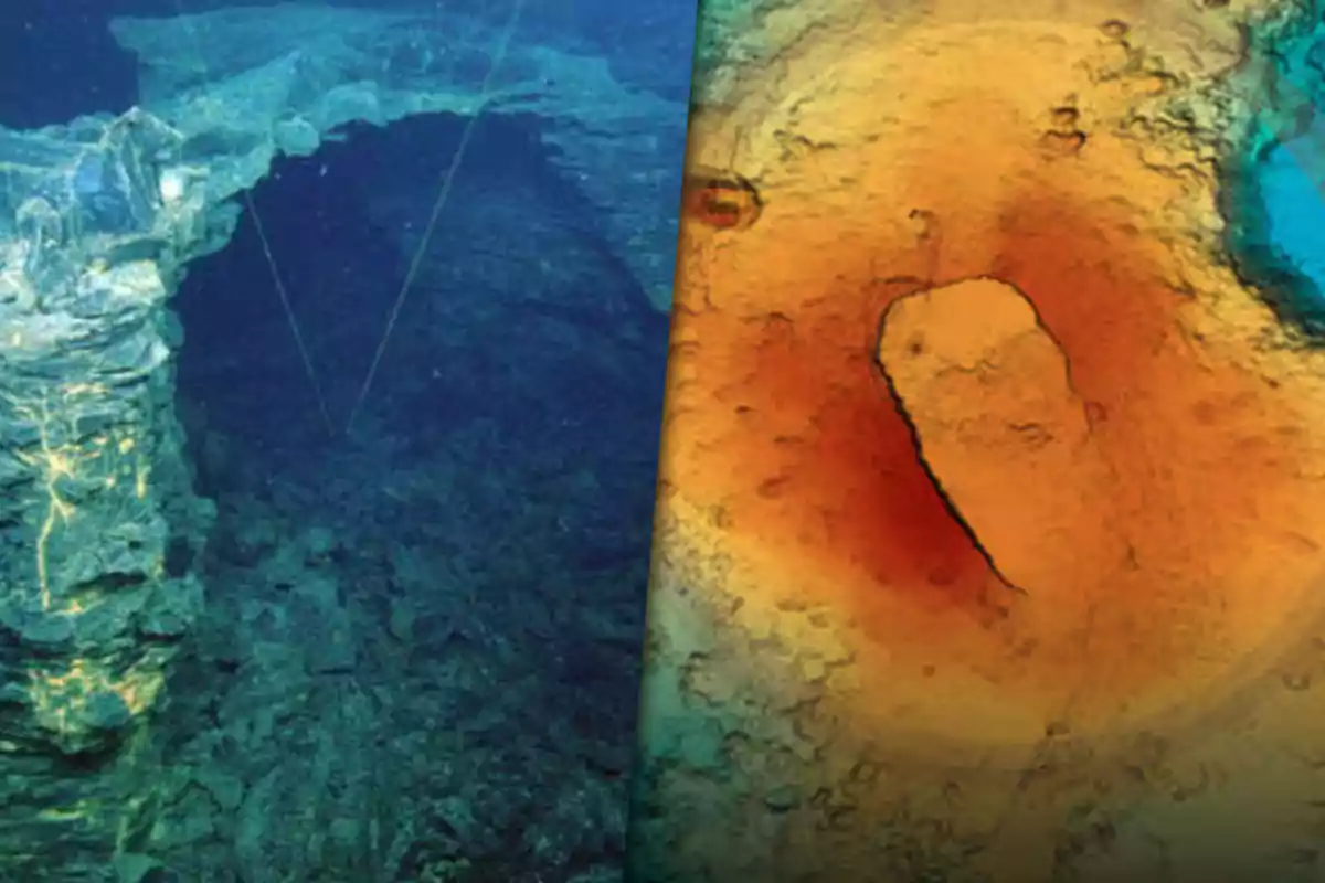 Image split into two parts, showing an underwater cave on the left and a topographic map in warm and cool colors on the right.
