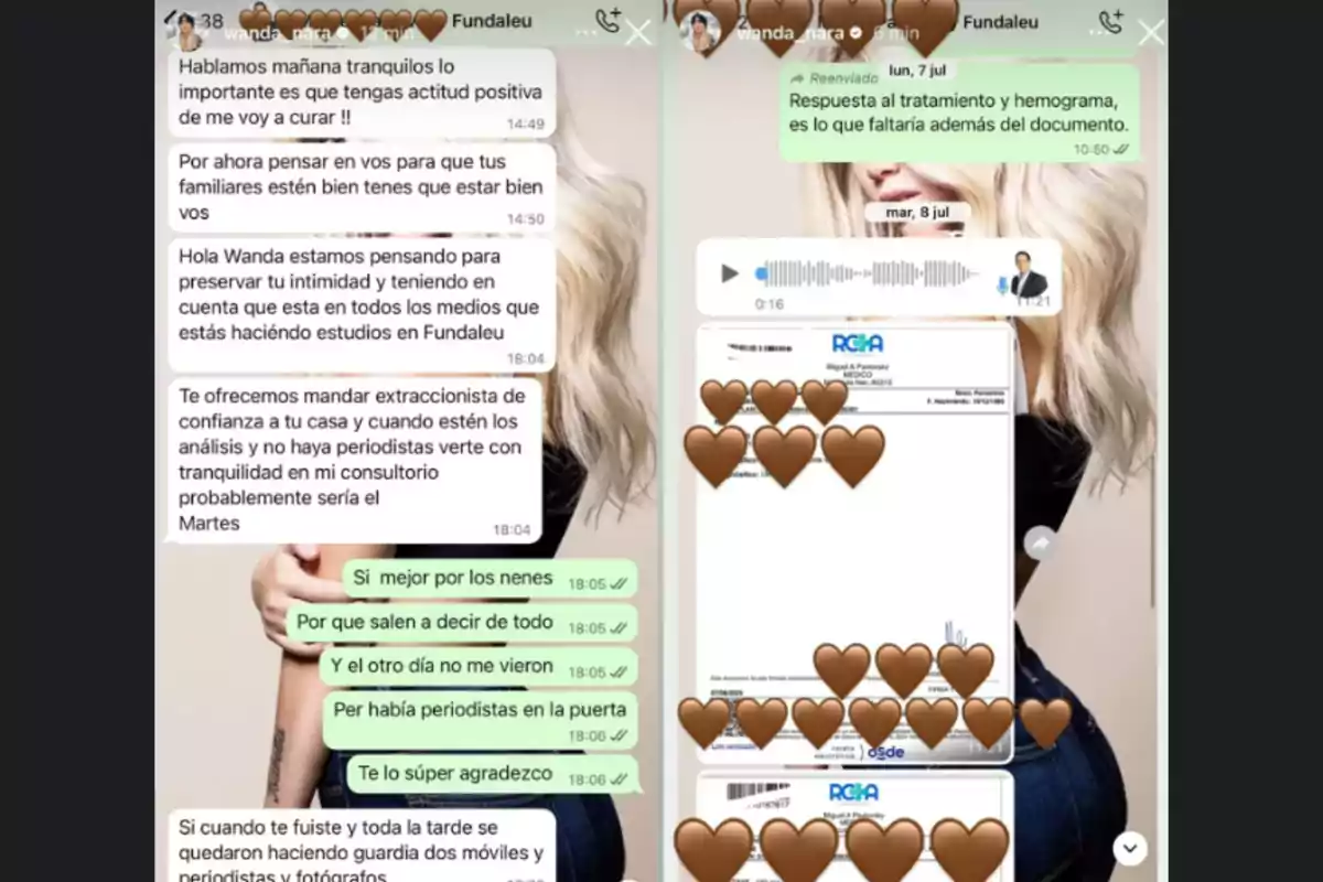 Captura de pantalla de una conversación de WhatsApp sobre temas médicos y privacidad, con mensajes escritos y documentos cubiertos por emojis de corazones marrones. Captura de pantalla de una conversación de WhatsApp sobre temas médicos y privacidad, con mensajes escritos y documentos cubiertos por emojis de corazones marrones.